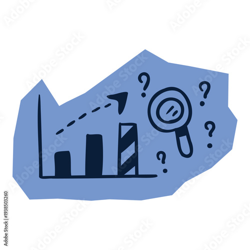 Hand drawn bar chart with upward arrow, magnifying glass, and question marks on blue abstract shape for scrapbook and journal. Vector illustration design.