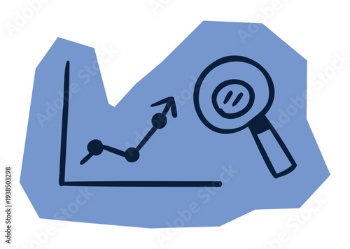 Hand drawn line graph with upward trend and magnifying glass on blue abstract shape for scrapbook and journal. Vector illustration design.