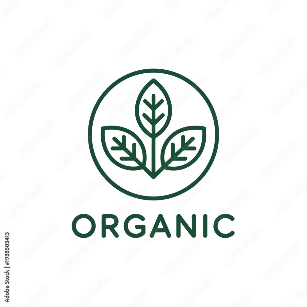 Fototapeta premium A circular green logo featuring three leaves and the word organic below