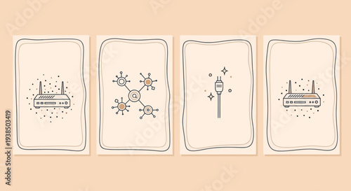 Network Router, Molecule, USB Cable, and Router Icons on Beige Background