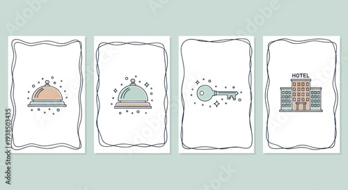 Hotel Service Icons: Cloche, Key, and Building