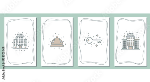 Hotel Icons: Building, Bell, Key, Building - Simple Line Art Design