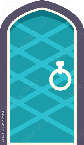 Arch decorative door with a knocker and criss cross pattern