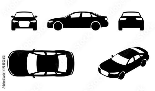 Car silhouette icon set with front side top rear and isometric vehicle views vector