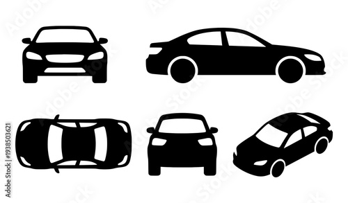 Automobile silhouette icon set with front rear side top and angled car views vector