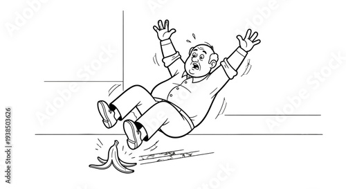 Man slipping on a banana peel on the floor.