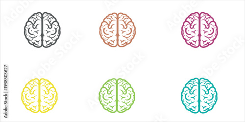 A collection of six colorful brain illustrations in various vibrant hues and styles on a white background