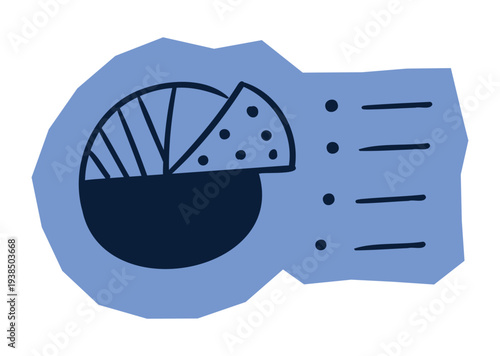 Hand drawn pie chart and legend list on blue abstract shape for scrapbook and journal. Vector illustration design.
