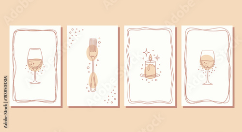Minimalist Line Art Set: Wine Glasses, Fork, and Candle for Festive Dining