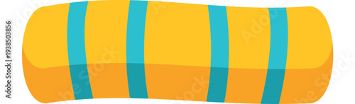 Rolled beach towel presenting yellow fabric with blue vertical stripes