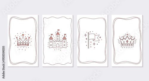 Fairy Tale Icons: Crown, Castle, Flag - Girl's Birthday Card Design Elements