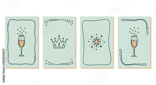 Celebration card illustrations: champagne, crown, starburst, and border designs