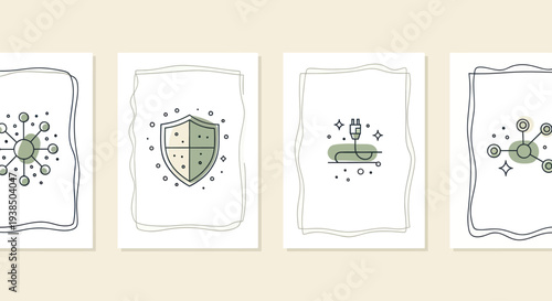 Digital Security and Connectivity Icons: Shield, Network, Power Plug