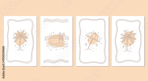 Summer beach vacation minimalist line art greeting cards, palm tree, umbrella, pool