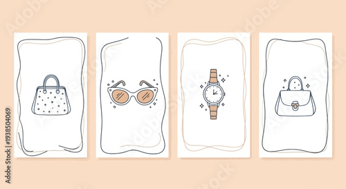 Fashion Accessories Collection: Handbags, Sunglasses, and Watch - Vector Illustration