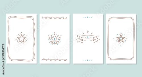 Set of four minimalist greeting cards with hand-drawn decorative elements and soft pastel background.