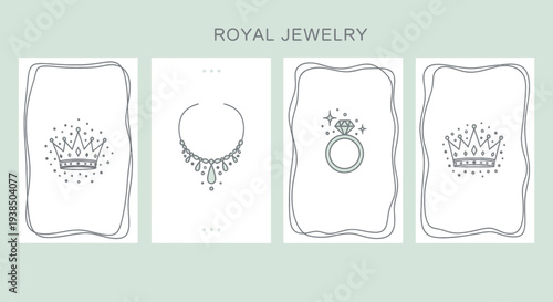 Royal Jewelry Icons: Crown, Necklace, Ring, and Tiara - Elegant Line Art
