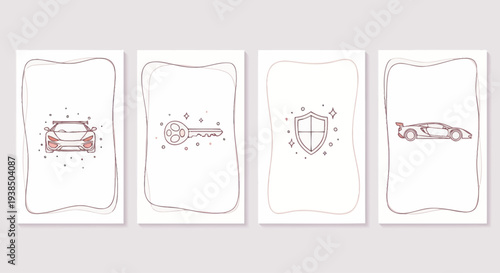 Luxury Car, Key, Shield, and Sports Car Icons on White Background