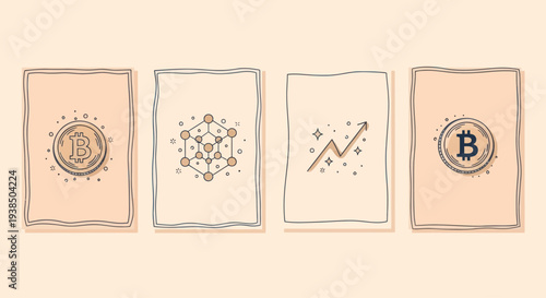 Bitcoin Cryptocurrency, Blockchain Network, Growth Chart, Financial Concept - Vector Icons