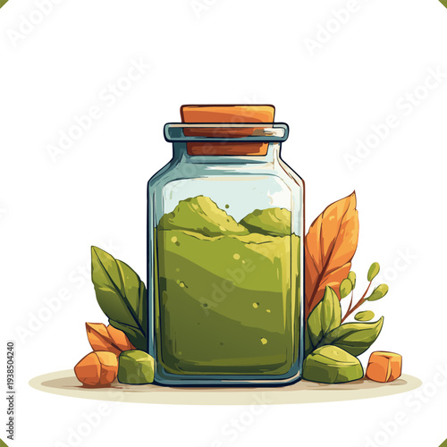 Vector illustration of glass jar filled with matcha green tea powder and fresh leaves, isolated on white background