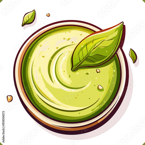 Vector top view illustration of matcha coconut mousse dessert in bowl, isolated on white background