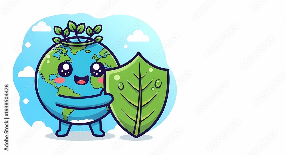 Obraz premium Earth Character Hugging Green Leaf Shield