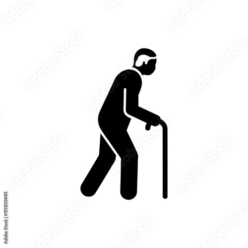 A simple black silhouette depicts an elderly man walking with a cane for support silhouette