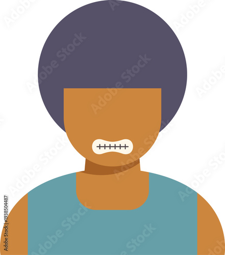 Person's mouth closed with stitches representing silence and suppression