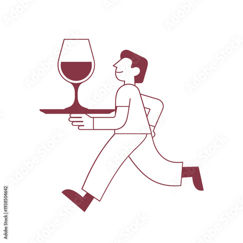 A waiter swiftly carries a glass of red wine on a serving tray
