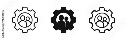 Teamwork and Collaboration Gear Icons Set. Users in Cogwheel Symbol in Outline, Solid, and Hand-Drawn Styles.