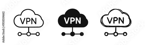 VPN Cloud Network Connection Icons Set. Virtual Private Network Server in Outline, Solid, and Hand-Drawn Styles.