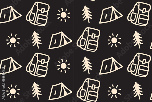 Camping gear retro illustration seamless pattern on background for outdoor. Wilderness picnic accessories repeat pattern simple line for adventure. Pattern with camping tents, backpacks, trees, sun