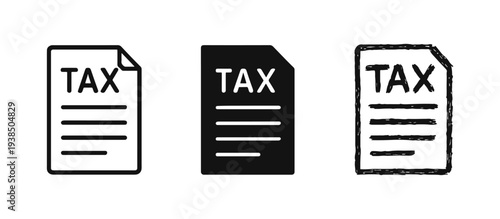 Tax Document and Financial Report Icons Set. Paper with TAX Text in Outline, Solid, and Hand-Drawn Styles.