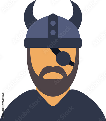 Viking warrior flat icon showing beard, horned helmet, and eye patch