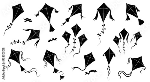 Collection of Black Silhouette Kites Flying, Isolated on White Background, Vector Illustration