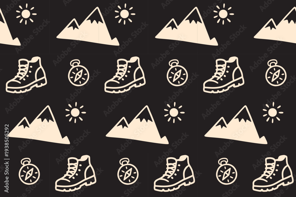 Fototapeta premium Mountain hiking gear retro illustration seamless pattern on background for outdoor. Trekking equipment repeat pattern simple line for adventure. Pattern with hiking boots, mountains, compass, sun