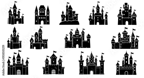 Collection of Black Castle Silhouettes on White Background - Fantasy, Fairytale, Medieval Architecture