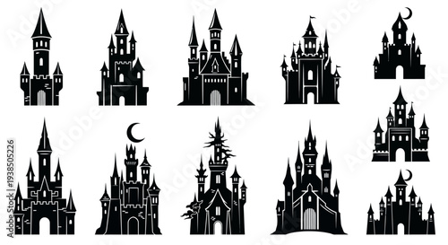 Collection of Black Castle Silhouettes on White Background - Fantasy, Fairytale, Gothic Architecture