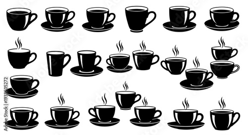 Collection of Black Coffee Cups and Mugs with Steam on White Background