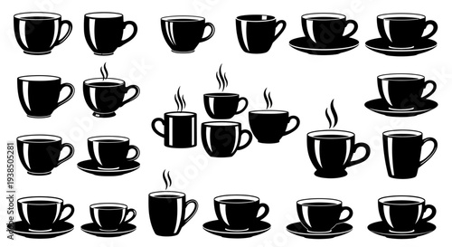 Collection of Black Coffee Cups and Mugs with Steam, Isolated on White Background