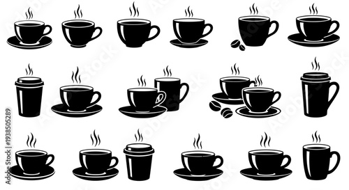 Collection of Black Coffee Cups and Mugs with Steam, Vector Icons