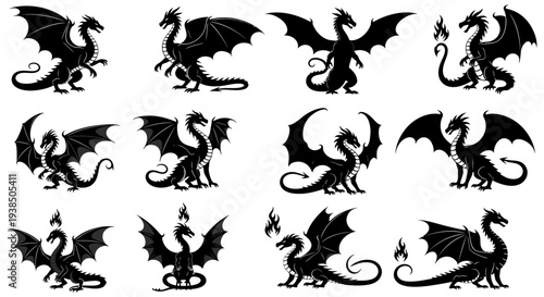 Collection of Black Dragon Silhouettes, Mythical Creatures with Wings and Fire