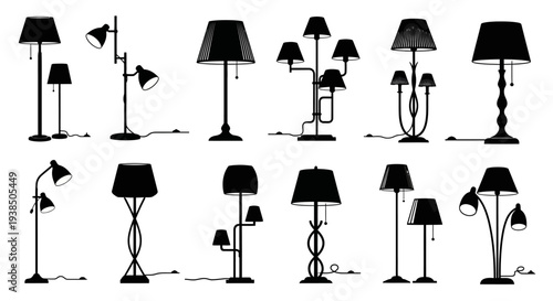 Collection of Black Floor Lamps Silhouettes on White Background