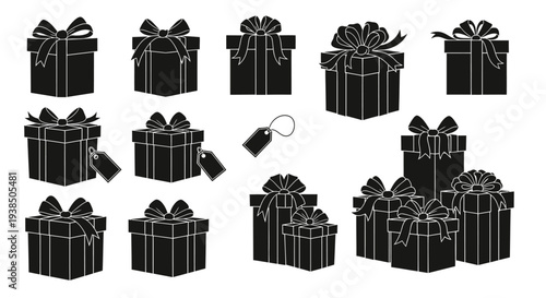 Collection of Black Gift Boxes with Ribbons and Tags, Silhouette Style