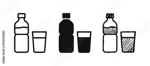 Hydration and Water Drink Icons Set. Plastic Bottle and Glass of Water in Outline, Solid, and Hand-Drawn Styles.