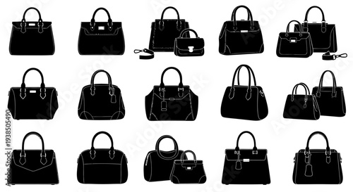 Collection of Black Handbags Silhouettes on White Background