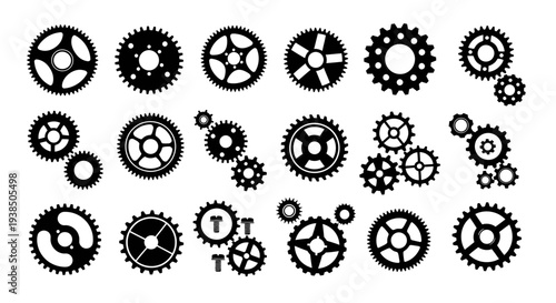 Collection of Black Gears and Cogs, Mechanical Parts, Industrial Design Elements
