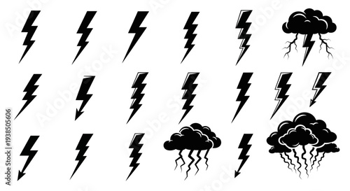 Collection of Black Lightning Bolt Icons and Thunderstorm Cloud Graphics
