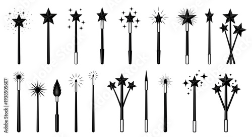 Collection of Black Magic Wands with Stars and Sparkles, Fantasy and Magic Elements