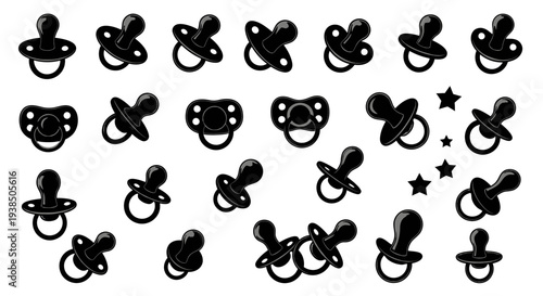 Collection of Black Pacifiers and Stars on White Background - Baby Care and Comfort Symbols